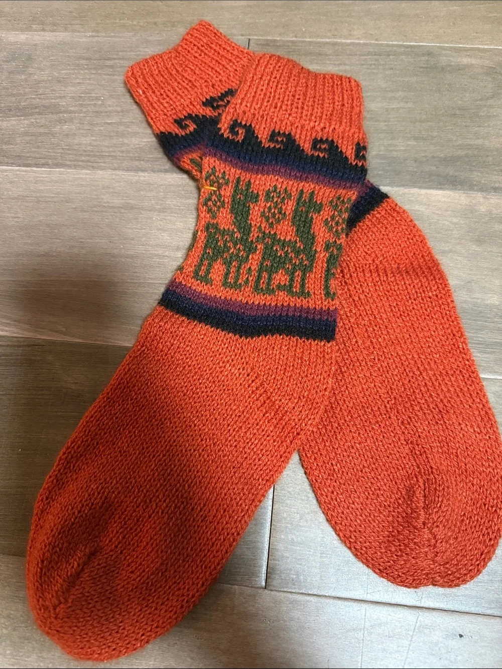 Handmade Alpaca / Wool Blend Fair Isle Llama Socks Orange Cozy Winter